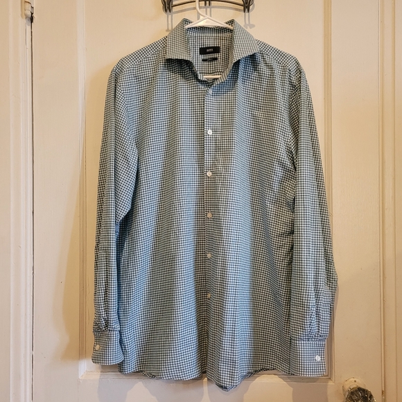 Hugo Boss Men's Size 16 34/35 Royal Blue Hunter Green Gingham Button Down Shirt - Picture 1 of 5
